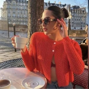 ZARA ALPACA AND WOOL BLEND CABLE KNIT CARDIGAN SIZE S